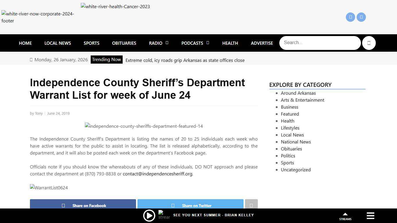 Independence County Sheriff's Department Warrant List for week of June 24 White River Now - Batesville, AR